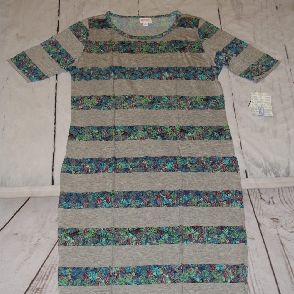 XL LuLaRoe Julia Gray Blue Floral Stripe Dress NWT